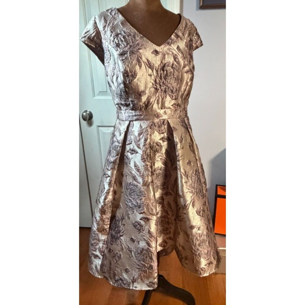 Oleg Cassini Metallic Floral Brocade High Low Cocktail Dress Size 16 Pockets